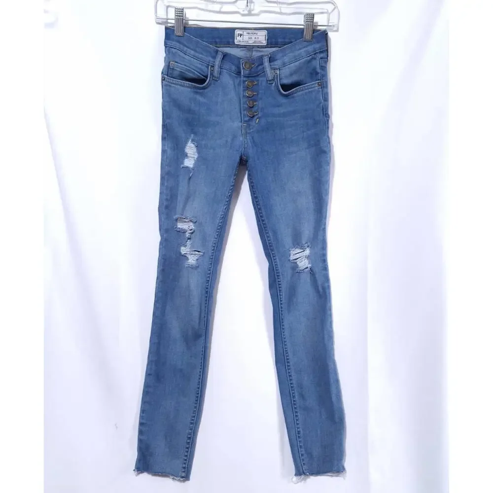 Free People Button‎ Fly Jeans Women W25 Blue Denim Distressed Ripped Raw Hem